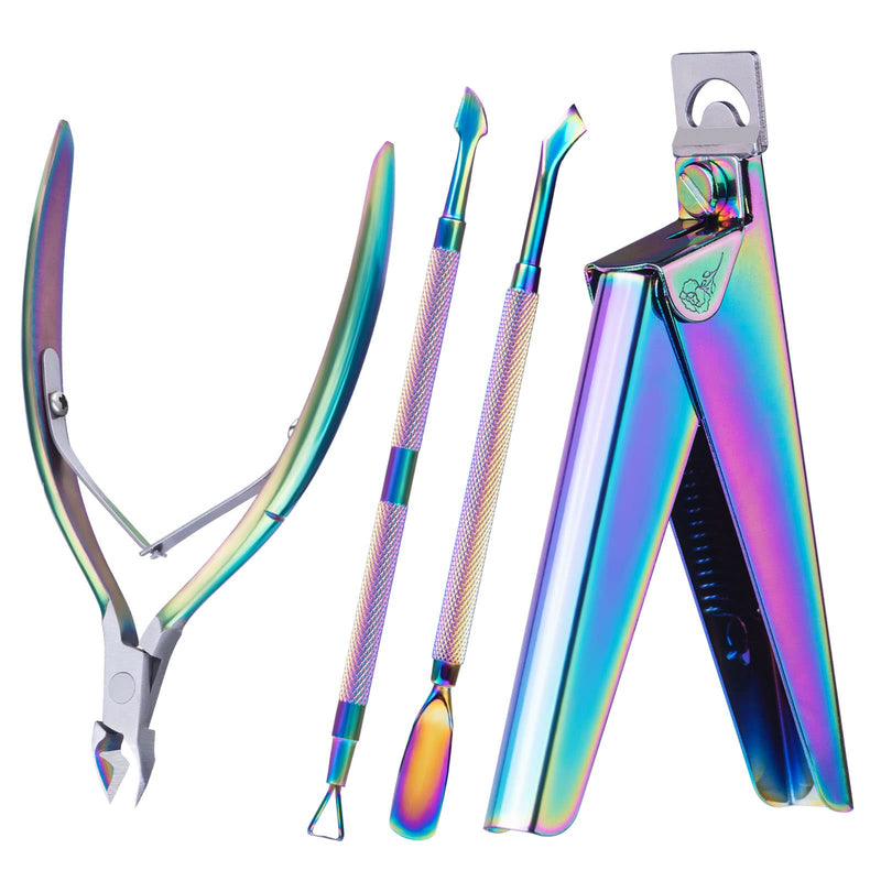 Nagelknipperset 4 in 1 in regenboogkleur, met tipknipper, nagelriemtang, bokkenpootje en schraper