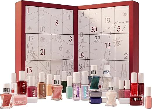 Opengeklapte Essie adventskalender met genummerde vakjes en alle 24 flesjes ervoor
