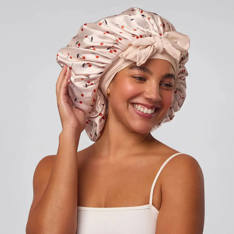 Kitsch Adjustable Oversized Satin Bonnet Cherry Print