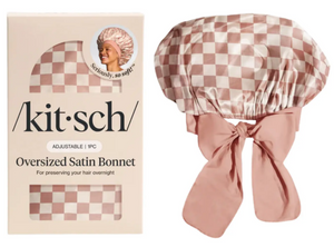 Adjustable Oversized Satin Bonnet Terracotta Checker