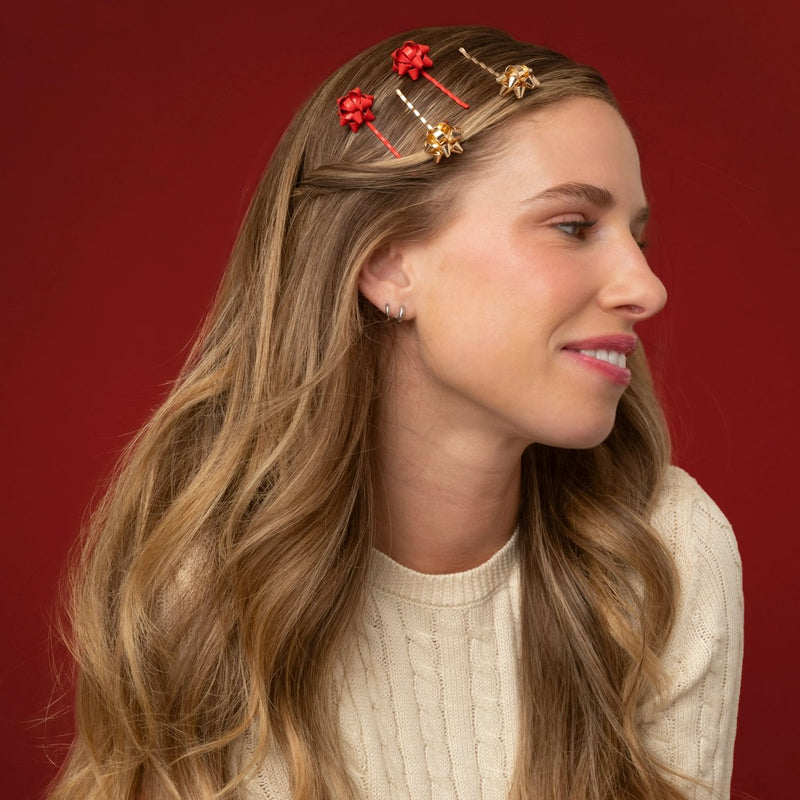 Kitsch Holiday Bow Bobby Pins 4pc Set Red & Gold 5