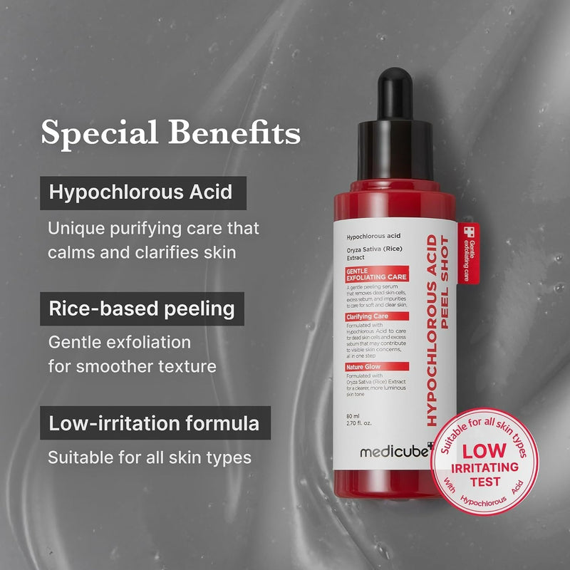 Medicube Hypochlorous ACID PEEL Shot, een zuiverend en kalmerend exfoliant serum voor het gezicht.