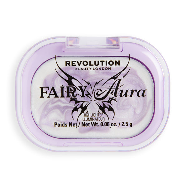 Revolution Fairy Aura Highlighter, lila doosje met gemarmerde witte en lila highlighter