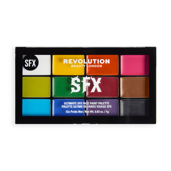 Revolution SFX Face Paint Palette closed, black palette with 12 colour blocks on the lid