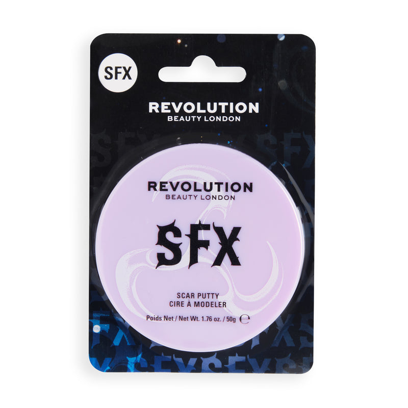Revolution SFX Scar Putty in blister, vasetto lilla su cartoncino nero