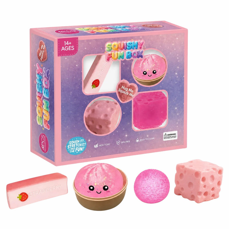 Squishy Fun Box 4pcs, set van vier squishies in roze thema met dumpling, kaas, boter en sugar squishy.