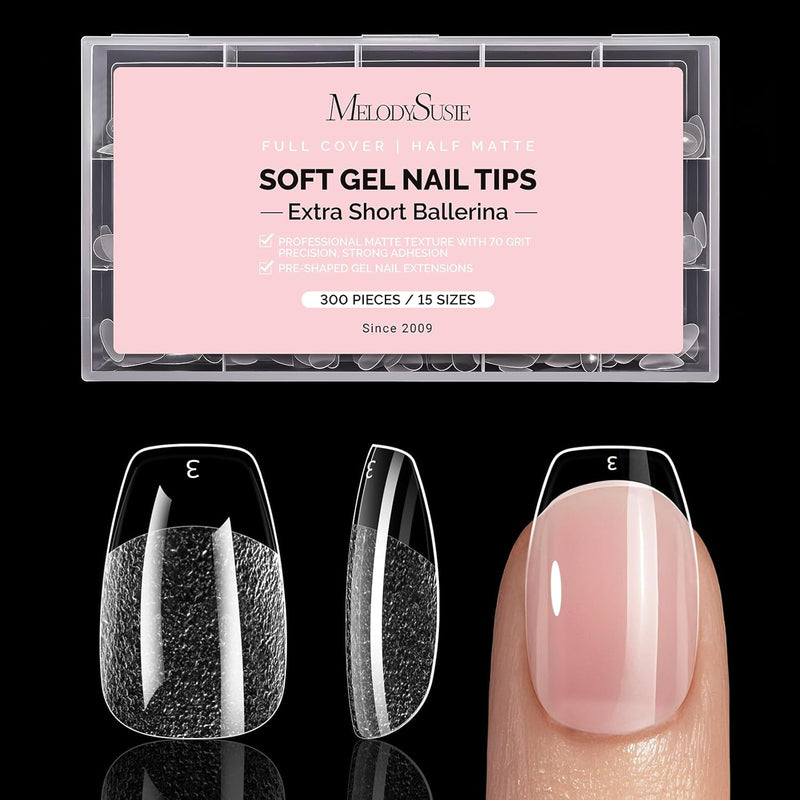 Heldere half matte nageltips in extra short ballerina, 300 stuks in 15 maten