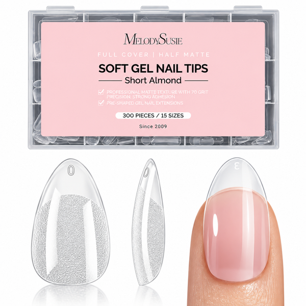 MelodySusie Full Cover Soft Gel Nail Tips Short Almond, set van 300 heldere nageltips in korte amandelvorm.
