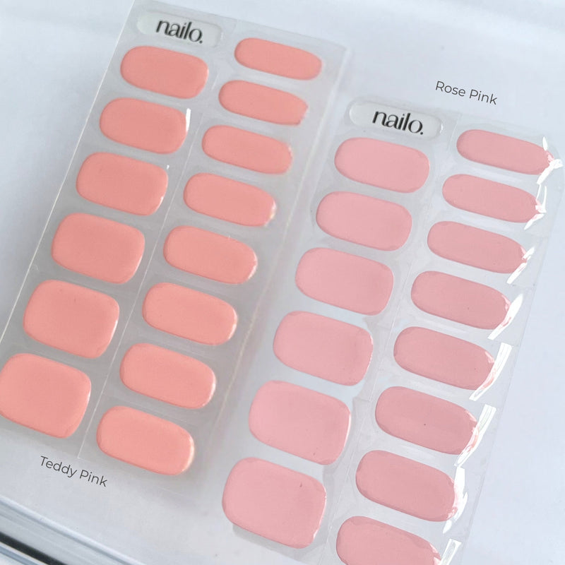 Nailo gellak stickers Rose Pink naast Teddy Pink, zacht fris roze
