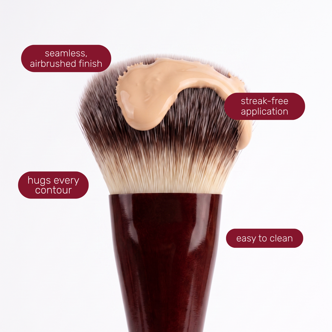 Testina del Boozyshop Flawless Contoured Foundation Brush con etichette di testo sull'uso