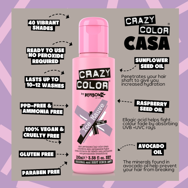 Crazy Color 75 Ice Mauve, semi-permanente haarverf in metallic violet, foto 5 van 6