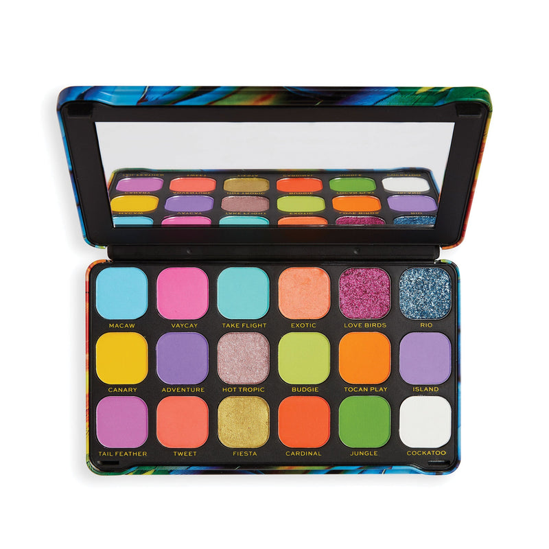 Close-up van de verschillende oogschaduwtinten in het Revolution Forever Flawless Bird of Paradise palet