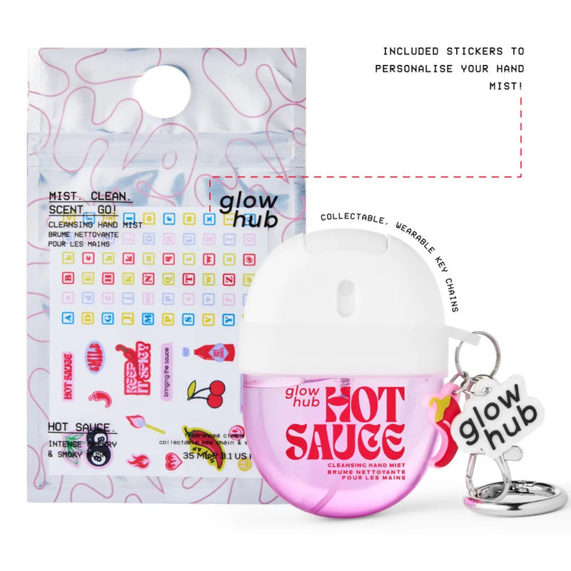 Glow Hub Cleansing Mist Hot Sauce, hand sanitizer met kers- en muskusgeur