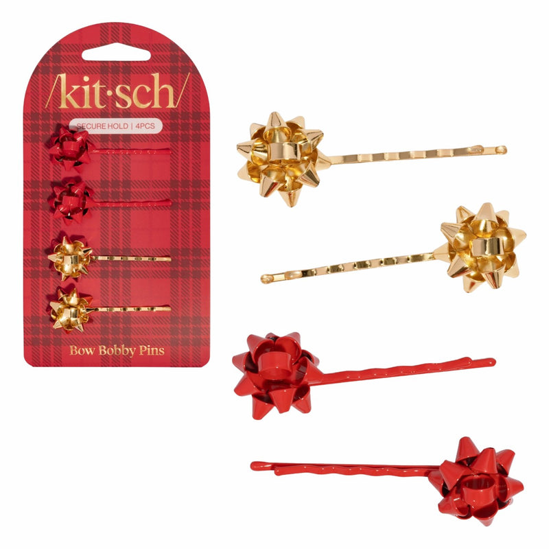 Kitsch Holiday Bow Bobby Pins 4pc Set Red & Gold 1