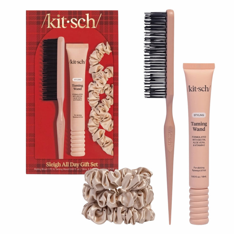 Kitsch Holiday Sleigh All Day 5pc Gift Set, haarverzorgingsset met borstel, taming wand en scrunchies
