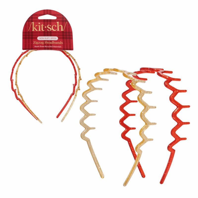 Kitsch Holiday Zigzag Headbands 2pc Set Gold & Red 1