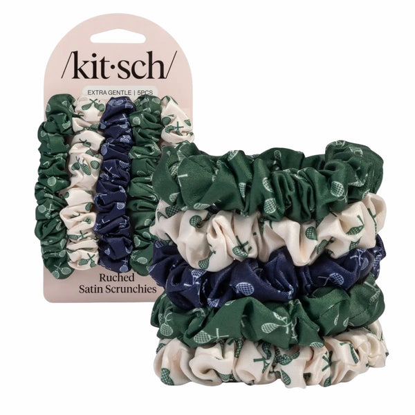 Kitsch Ruched Satin Scrunchies 5pc Set Cream Court Green & Navy Blue