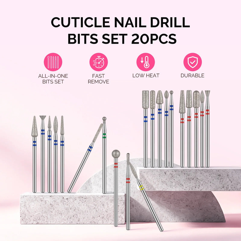 MelodySusie 20pcs Diamond Cuticle Nail Drill Bits Set