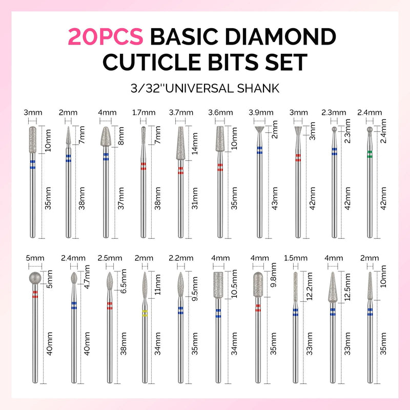 MelodySusie 20pcs Diamond Cuticle Nail Drill Bits Set
