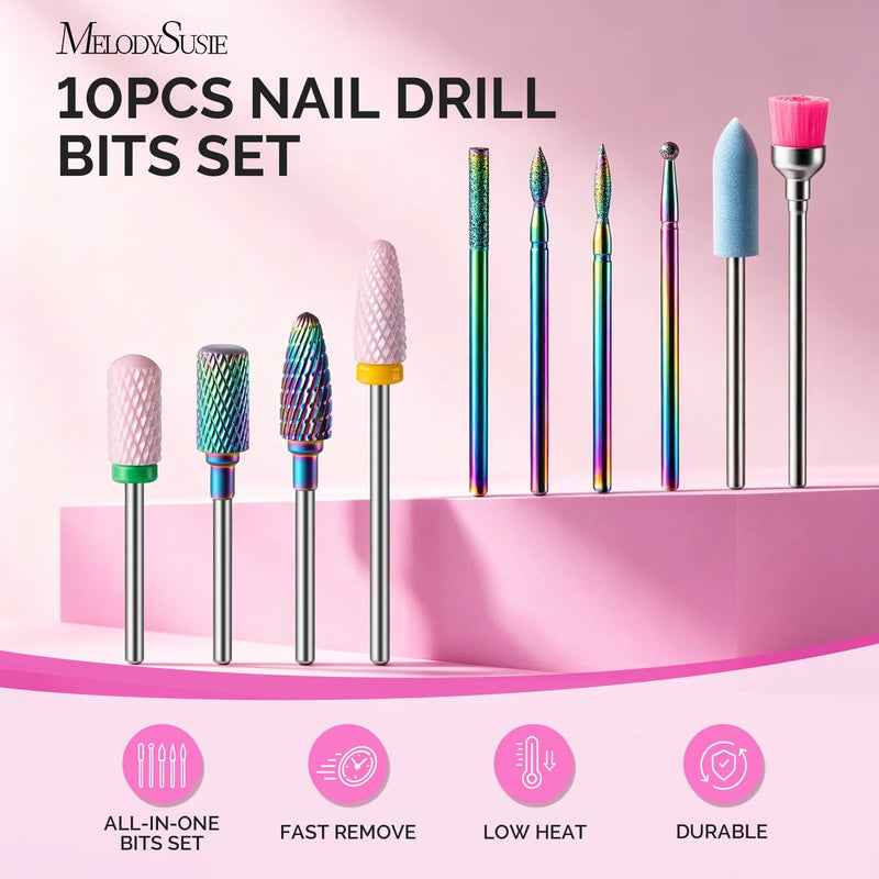 MelodySusie Tungsten Carbide & Ceramic 10pcs Nail Drill Bits Set Pink & Colorful