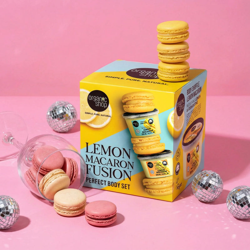 Organic Shop Lemon Macaron Fusion Perfect Body Set met body scrub en soufflé