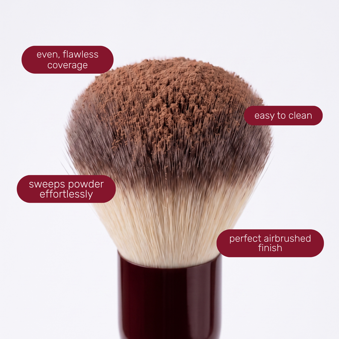 Testina del Boozyshop Flawless Powder Brush con etichette di testo sull'uso