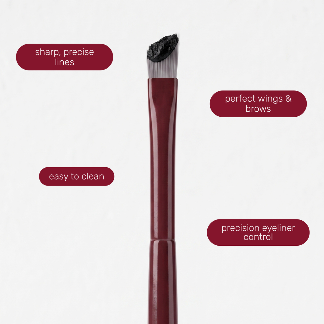 Testina del Boozyshop Flawless Precision Angle Eye Brush con etichette di testo sull'uso