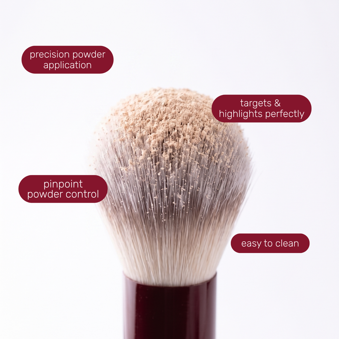Testina del Boozyshop Flawless Precision Powder Brush con etichette di testo sull'uso