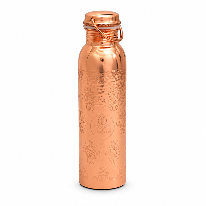 Ayurveda Specialist Pure Copper Water Bottle Flower Pattern with Handle, koperen waterfles met bloemenpatroon en handvat