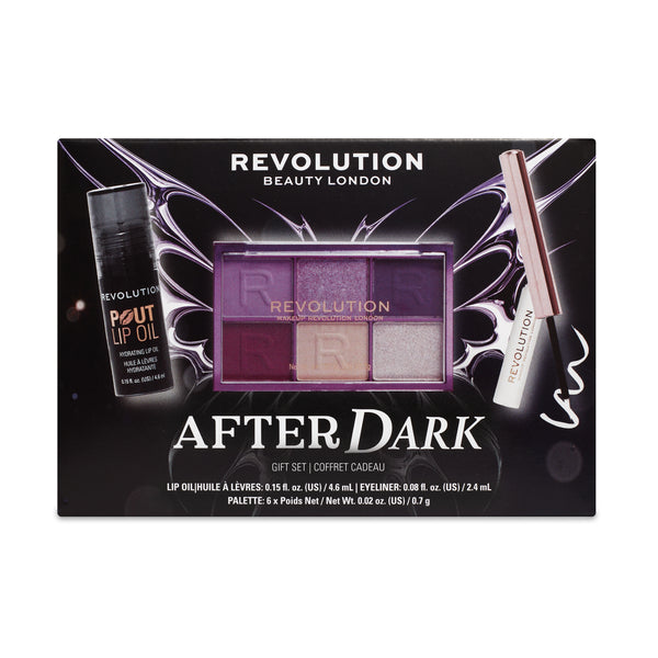 Revolution After Dark Giftset, black gift box with palette, lip oil and eyeliner