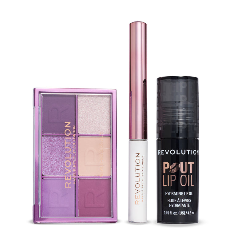 Contenuto dell'After Dark Giftset: palette viola, eyeliner bianco e Pout Lip Oil