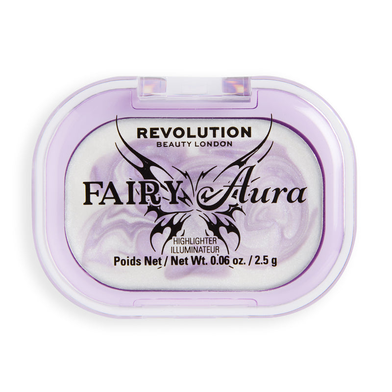 Revolution Fairy Aura Highlighter, lila doosje met gemarmerde witte en lila highlighter