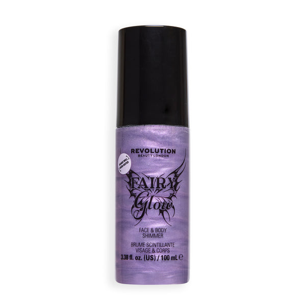 Revolution Fairy Glow Glitter Spray, lila glinsterende fles met zwarte dop