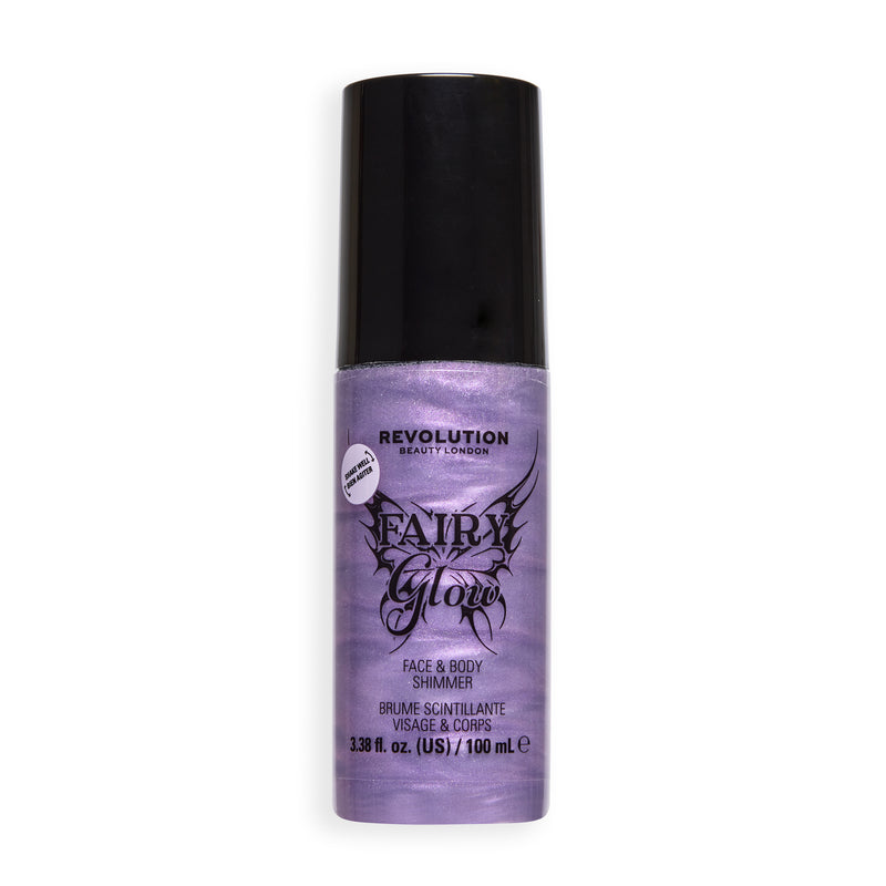 Revolution Fairy Glow Glitter Spray, lila glinsterende fles met zwarte dop