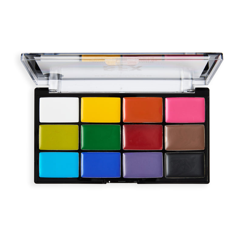 SFX Face Paint Palette aperta con 12 colori in crema dal bianco e giallo al blu, viola e nero
