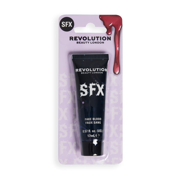 Revolution SFX Fake Blood in blister pack, black tube on a lilac card with a blood drop