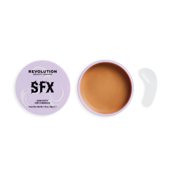 Vasetto SFX Scar Putty aperto con la cera color pelle e il coperchio accanto