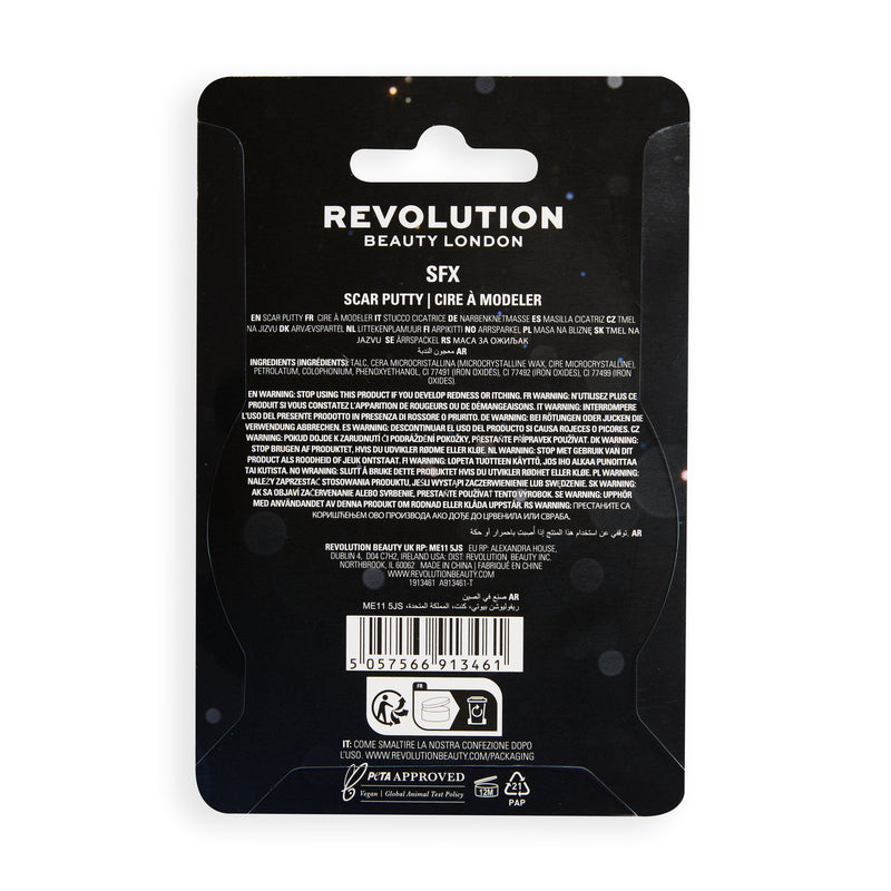Retro della confezione di SFX Scar Putty con la lista degli ingredienti