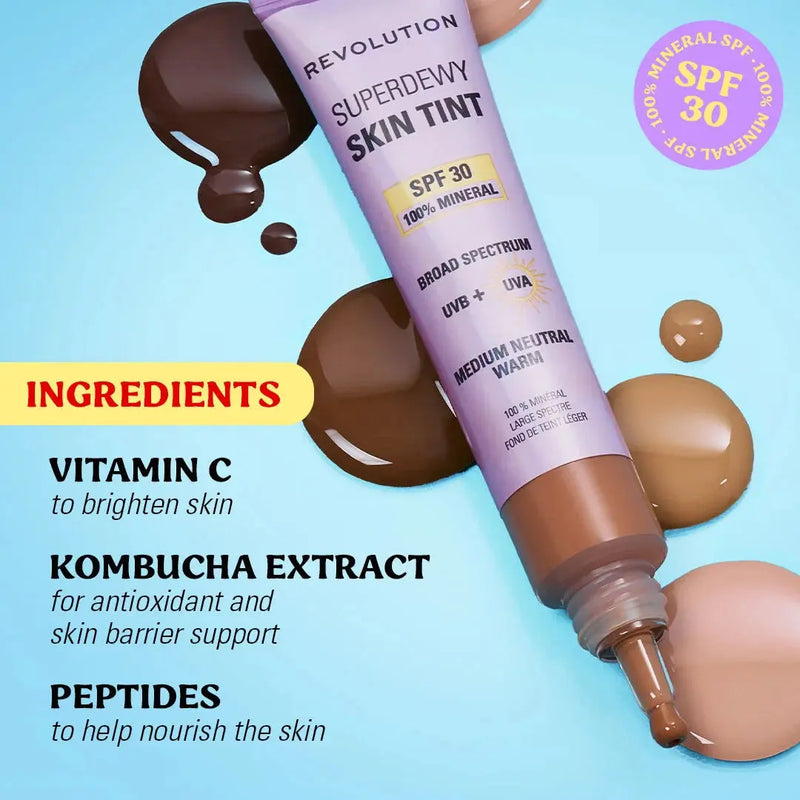 Revolution Superdewy SPF30 Skin Tint Deep Neutral, minerale foundation met SPF30, foto 4 van 6