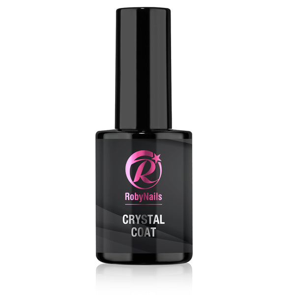 Flesje RobyNails Crystal Coat, zwart glas met hoge zwarte dop en roze logo