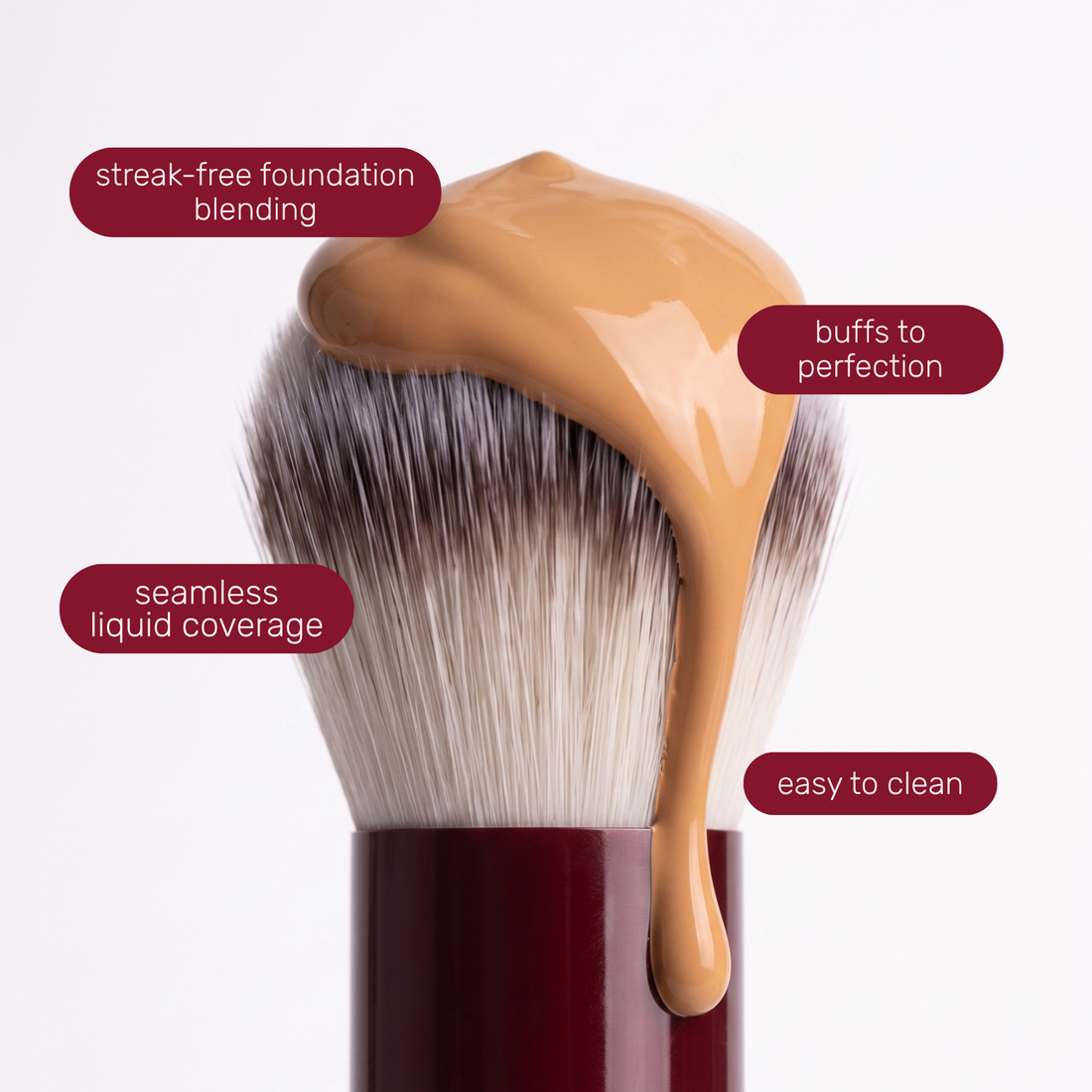 Testina del Boozyshop Flawless Round Foundation Brush con etichette di testo sull'uso