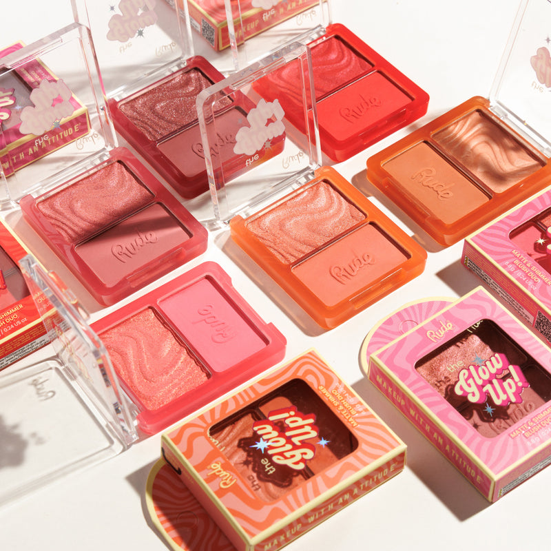 Rude Cosmetics The Glow Up! Matte & Shimmer Blush Duo Blazing Red, blush duo met matte en shimmer finish., foto 8 van 9