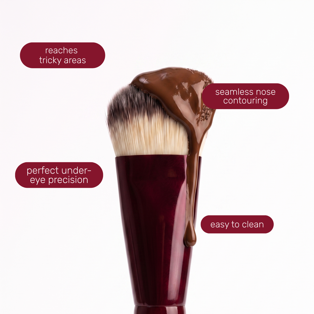 Testina del Boozyshop Flawless Small Contoured Foundation Brush con etichette di testo sull'uso