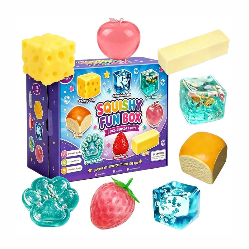 Squishy Fun Box 1, verrassingsbox met 8 verschillende squishy knijpfiguurtjes